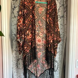 Spell Floral Fringe Kimono Duster - Black with Pink & Orange Roses